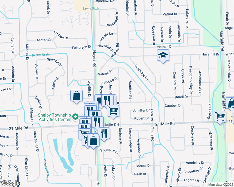 map of restaurants, bars, coffee shops, grocery stores, and more near 47405 Barbara Road in Macomb