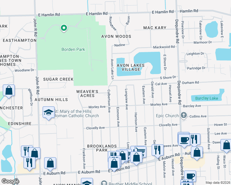 map of restaurants, bars, coffee shops, grocery stores, and more near 2370 Emmons Avenue in Rochester Hills