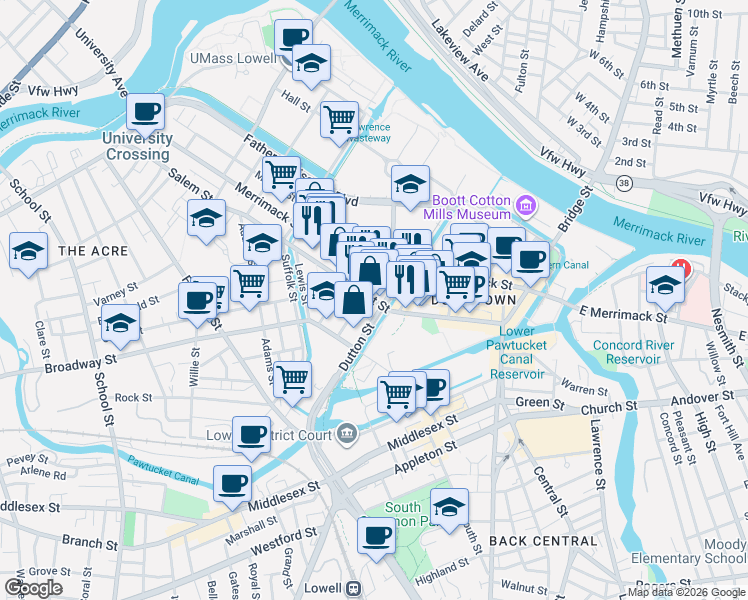 map of restaurants, bars, coffee shops, grocery stores, and more near 314 Market Street in Lowell