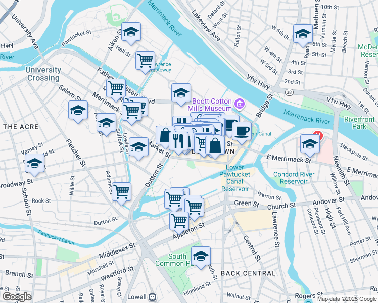map of restaurants, bars, coffee shops, grocery stores, and more near 150 Middle Street in Lowell