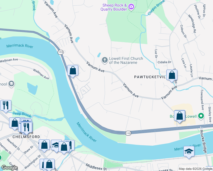 map of restaurants, bars, coffee shops, grocery stores, and more near 75 Katherine Drive in Lowell