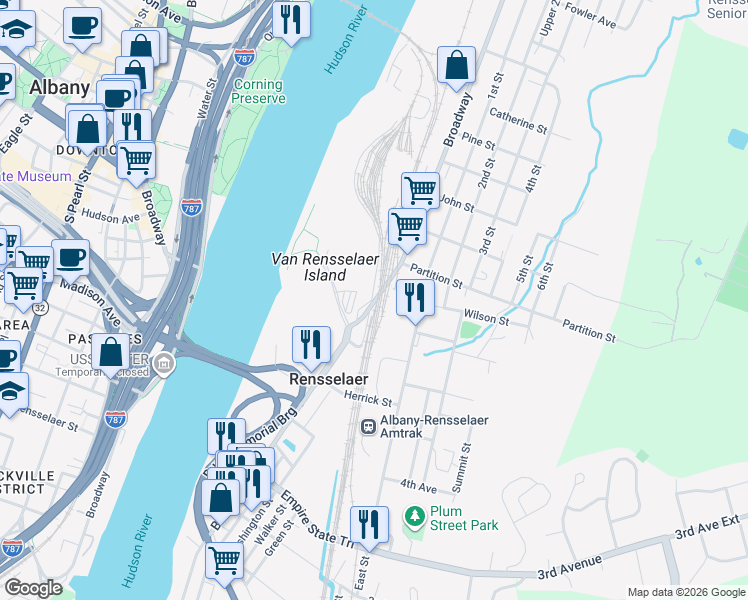 map of restaurants, bars, coffee shops, grocery stores, and more near 705 Broadway in Rensselaer