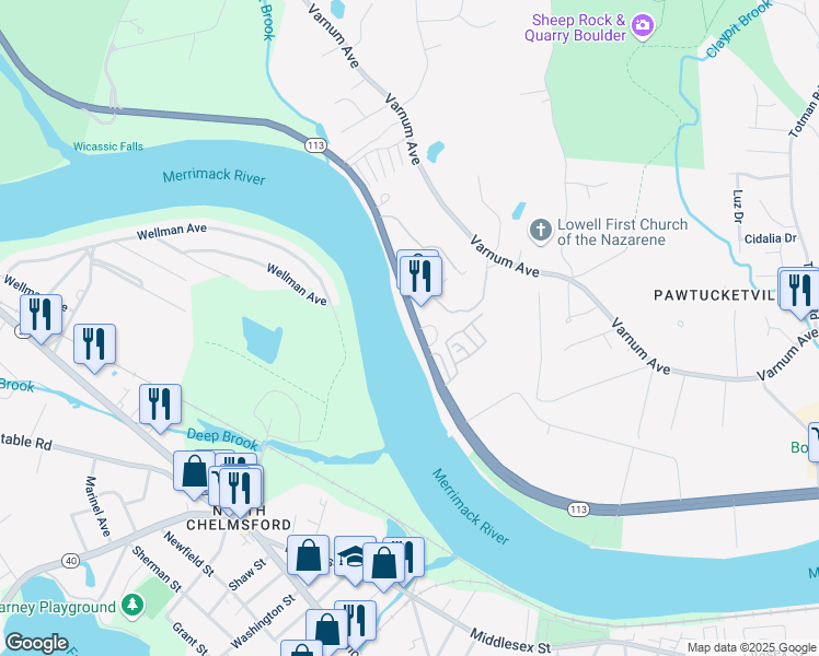 map of restaurants, bars, coffee shops, grocery stores, and more near 1266 Pawtucket Boulevard in Lowell