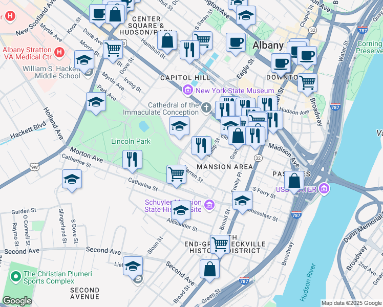 map of restaurants, bars, coffee shops, grocery stores, and more near 67 Park Avenue in Albany