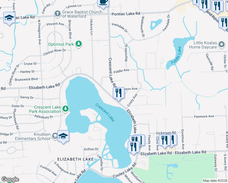 map of restaurants, bars, coffee shops, grocery stores, and more near 235 Crescent Lake Road in Waterford Township