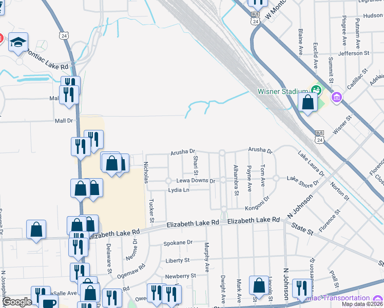 map of restaurants, bars, coffee shops, grocery stores, and more near 327 Shari Street in Pontiac