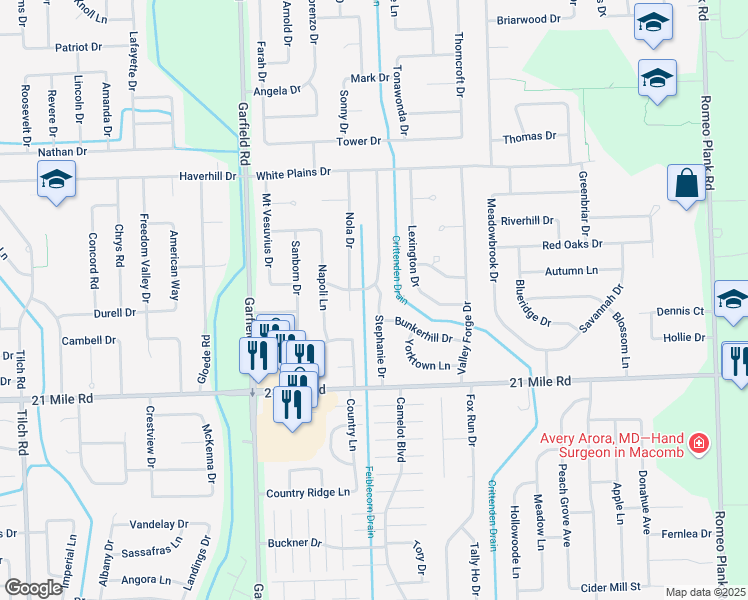 map of restaurants, bars, coffee shops, grocery stores, and more near 47298 Nola Drive in Macomb