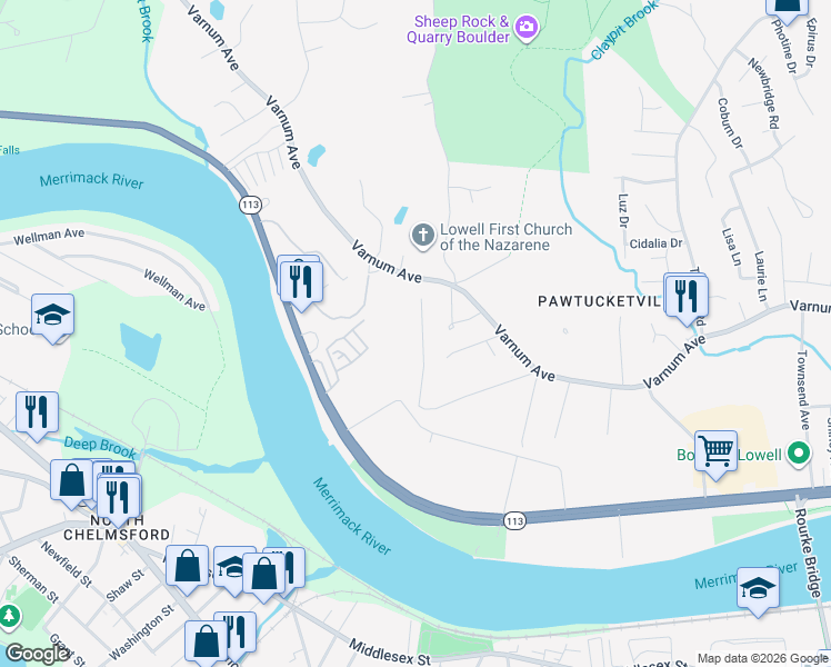 map of restaurants, bars, coffee shops, grocery stores, and more near 75 Katherine Drive in Lowell