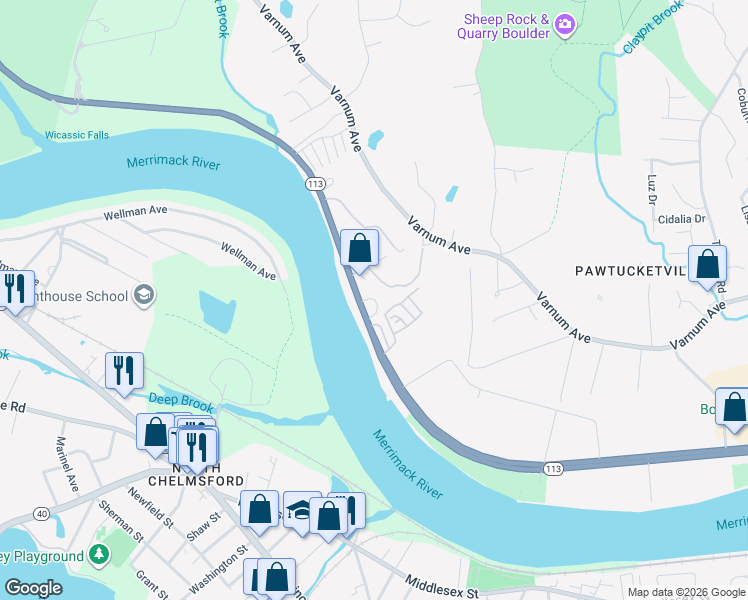 map of restaurants, bars, coffee shops, grocery stores, and more near 1251 Pawtucket Boulevard in Lowell
