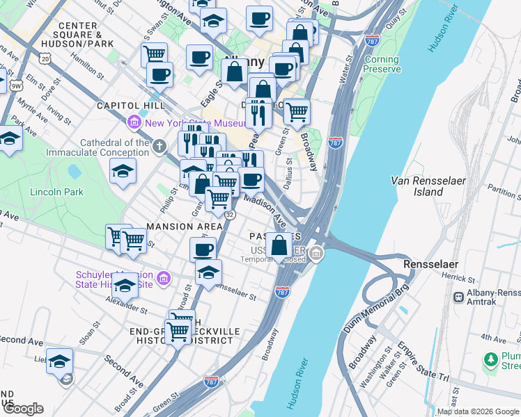 map of restaurants, bars, coffee shops, grocery stores, and more near 58 Bleecker Street in Albany