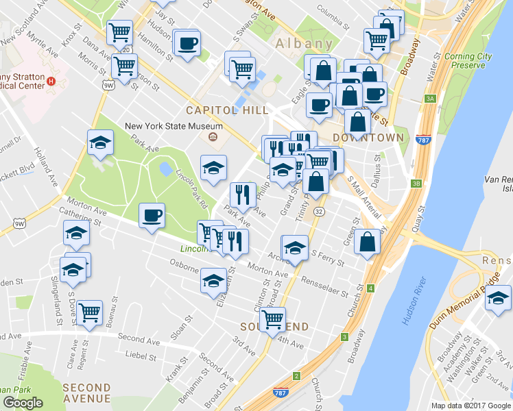 map of restaurants, bars, coffee shops, grocery stores, and more near 97 Philip Street in Albany