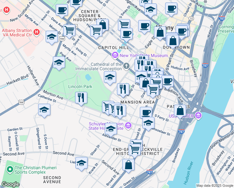 map of restaurants, bars, coffee shops, grocery stores, and more near 67 Park Avenue in Albany