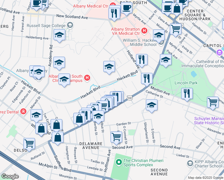 map of restaurants, bars, coffee shops, grocery stores, and more near 23 Magnolia Terrace in Albany
