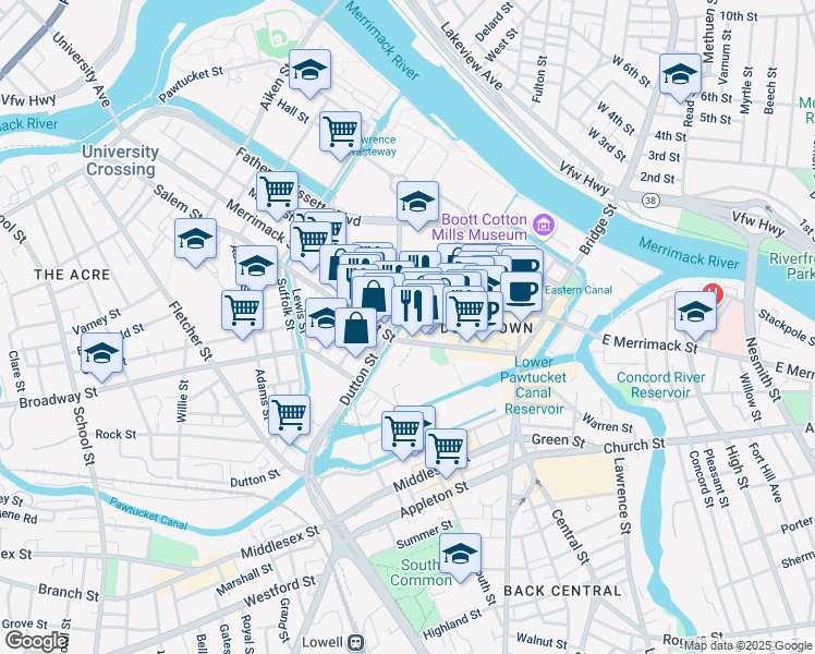 map of restaurants, bars, coffee shops, grocery stores, and more near 25 Shattuck Street in Lowell