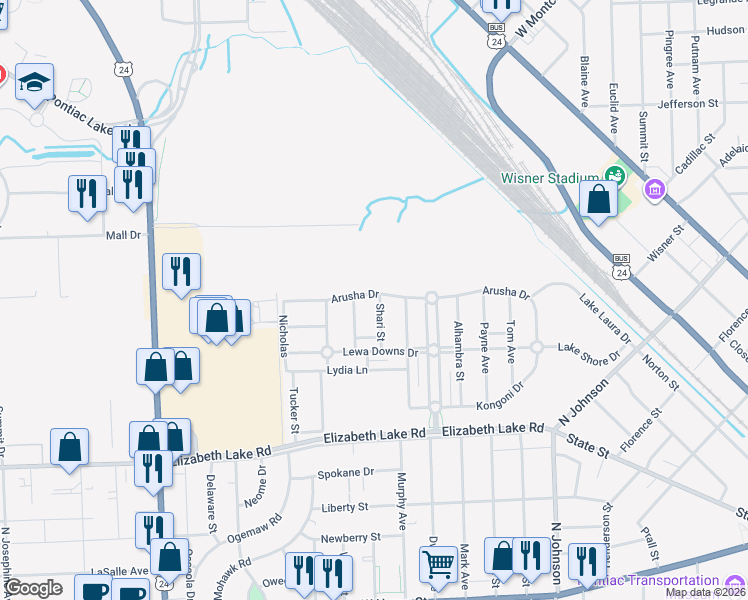 map of restaurants, bars, coffee shops, grocery stores, and more near 327 Shari Street in Pontiac