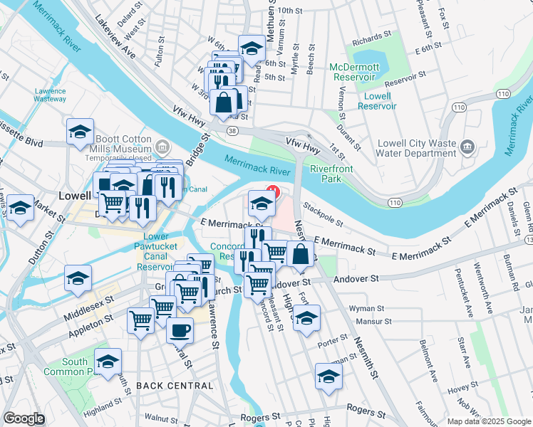 map of restaurants, bars, coffee shops, grocery stores, and more near 33 Bartlett Street in Lowell