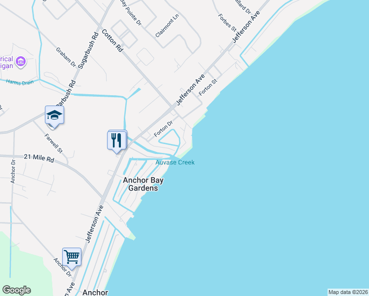 map of restaurants, bars, coffee shops, grocery stores, and more near 47030 Land Street in New Baltimore