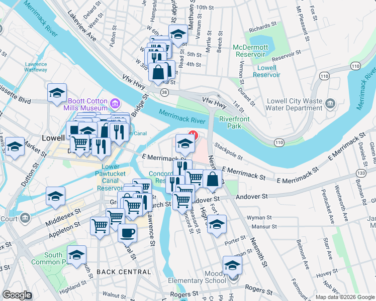 map of restaurants, bars, coffee shops, grocery stores, and more near 33 Bartlett Street in Lowell