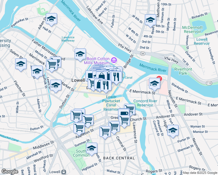 map of restaurants, bars, coffee shops, grocery stores, and more near 29-31 Central Street in Lowell