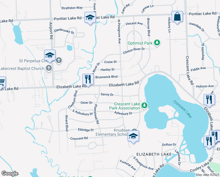 map of restaurants, bars, coffee shops, grocery stores, and more near 5585 Elizabeth Lake Road in Waterford Township