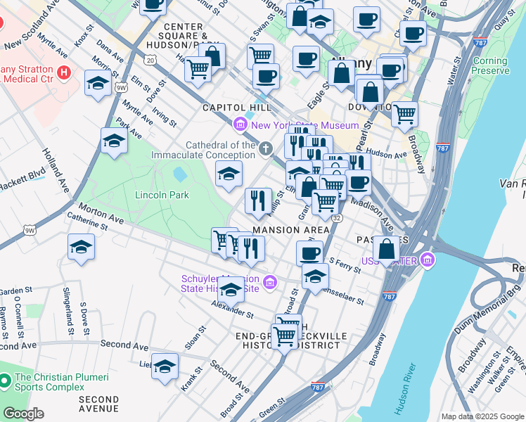 map of restaurants, bars, coffee shops, grocery stores, and more near 97 Philip Street in Albany