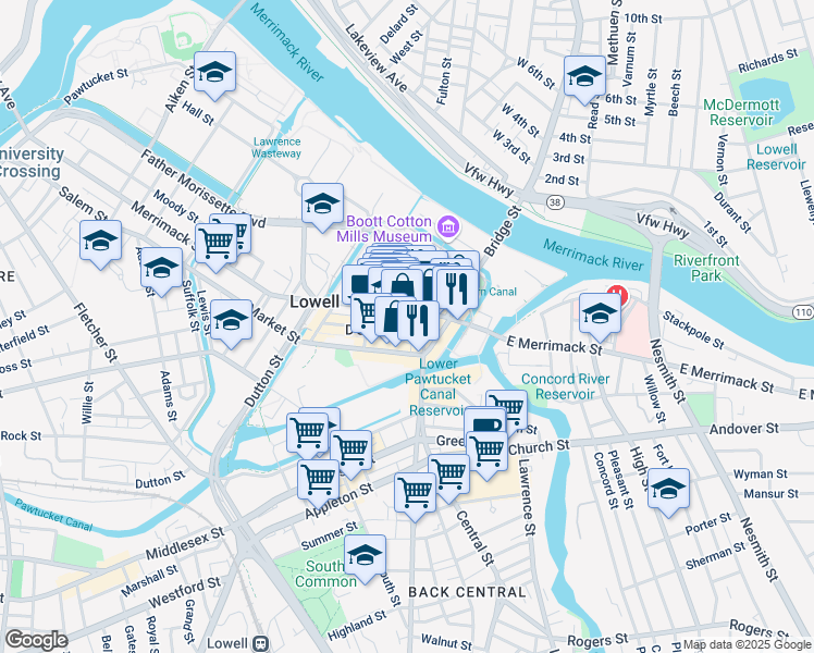 map of restaurants, bars, coffee shops, grocery stores, and more near 29-31 Central Street in Lowell