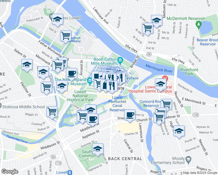 map of restaurants, bars, coffee shops, grocery stores, and more near 23 Middle Street in Lowell