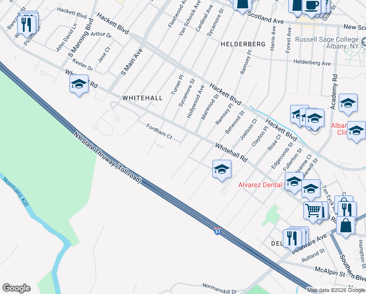 map of restaurants, bars, coffee shops, grocery stores, and more near 17 Carlisle Court in Albany