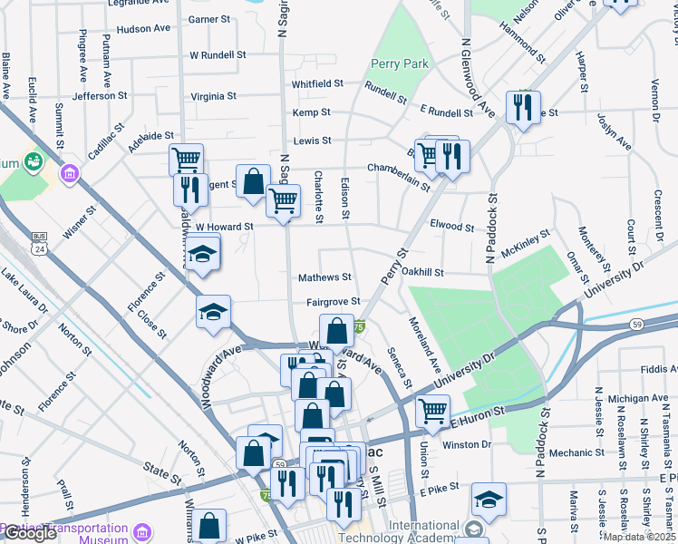 map of restaurants, bars, coffee shops, grocery stores, and more near 63 Mathews Street in Pontiac