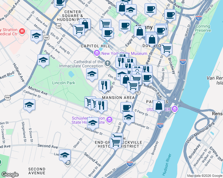 map of restaurants, bars, coffee shops, grocery stores, and more near 97 Philip Street in Albany