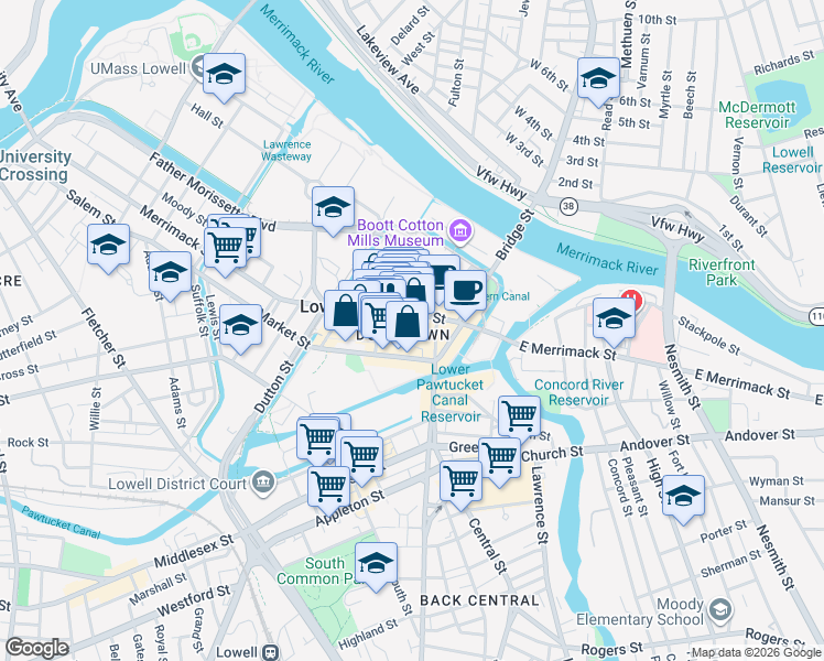 map of restaurants, bars, coffee shops, grocery stores, and more near in Lowell
