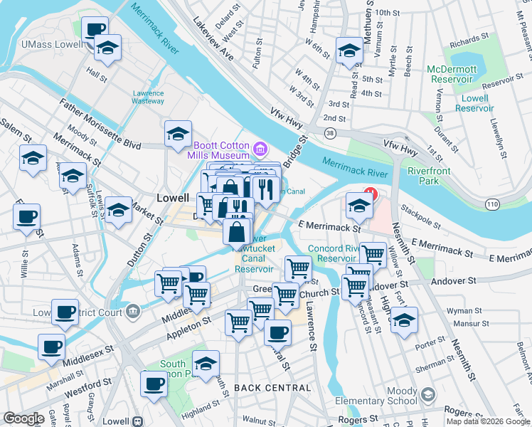 map of restaurants, bars, coffee shops, grocery stores, and more near 17 Kearney Square in Lowell