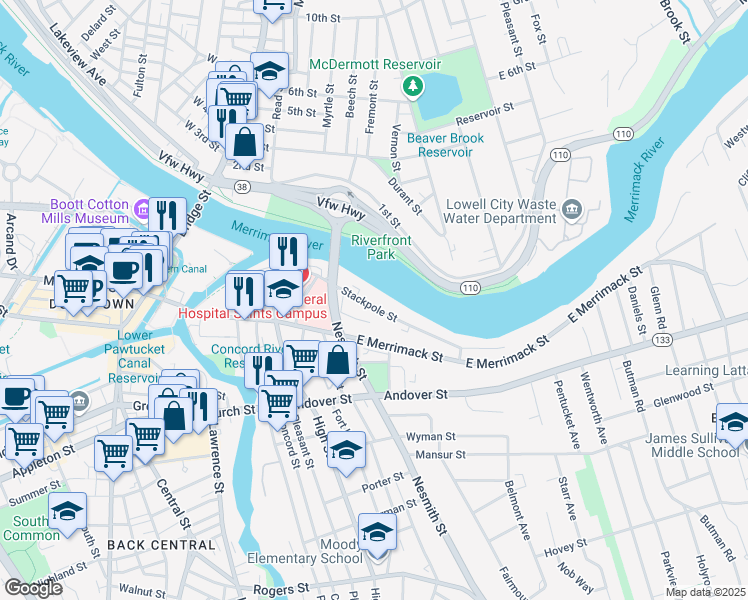 map of restaurants, bars, coffee shops, grocery stores, and more near 215 Stackpole Street in Lowell