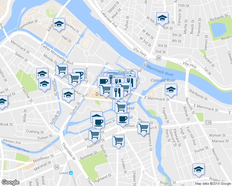 map of restaurants, bars, coffee shops, grocery stores, and more near 29-31 Central Street in Lowell