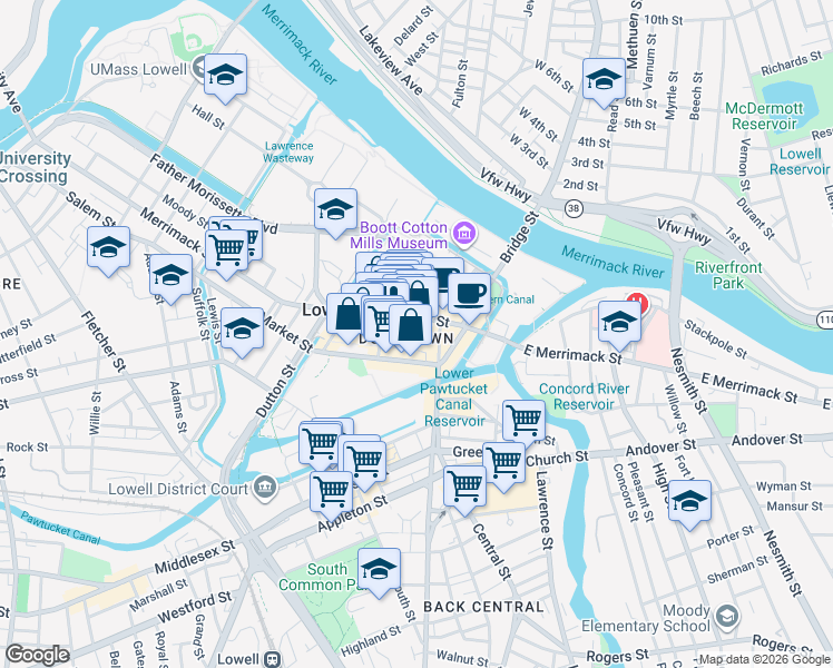 map of restaurants, bars, coffee shops, grocery stores, and more near in Lowell