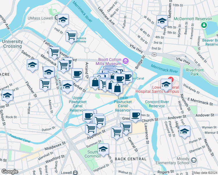 map of restaurants, bars, coffee shops, grocery stores, and more near 94 Merrimack Street in Lowell