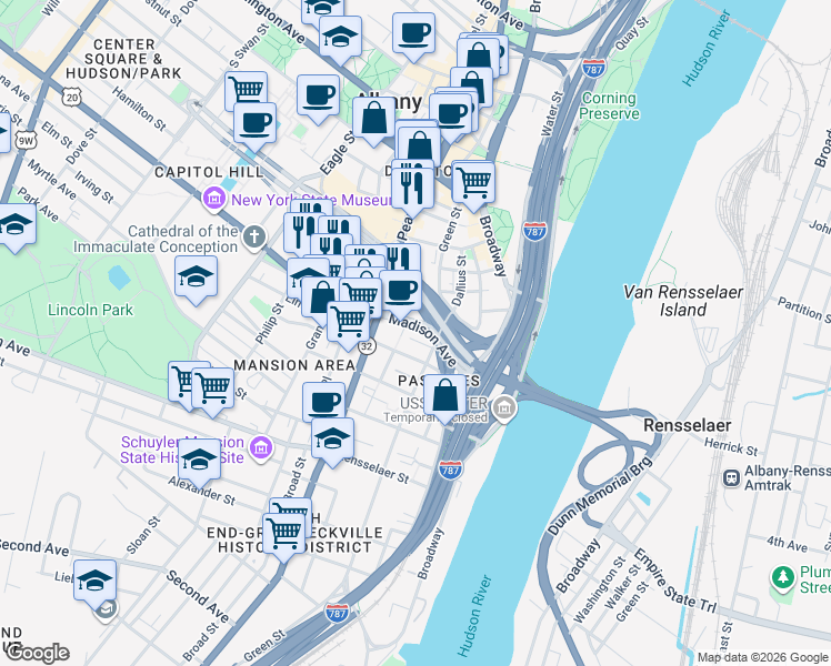 map of restaurants, bars, coffee shops, grocery stores, and more near 58 Bleecker Street in Albany