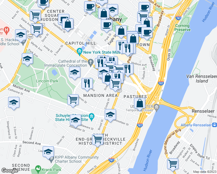 map of restaurants, bars, coffee shops, grocery stores, and more near 35 Trinity Place in Albany