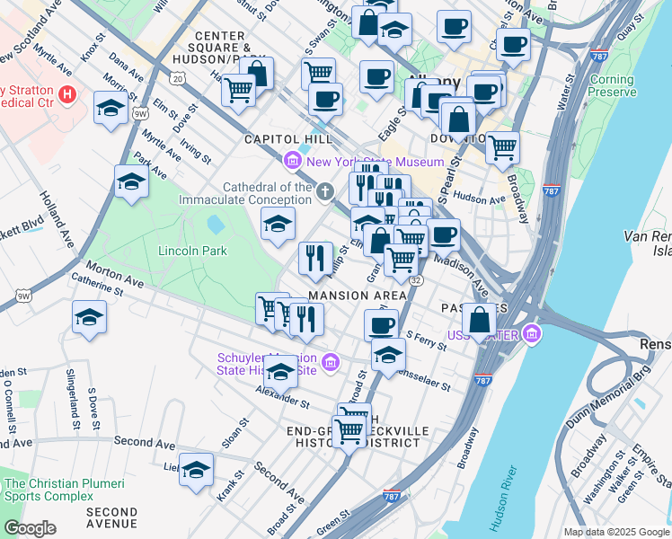 map of restaurants, bars, coffee shops, grocery stores, and more near 97 Philip Street in Albany