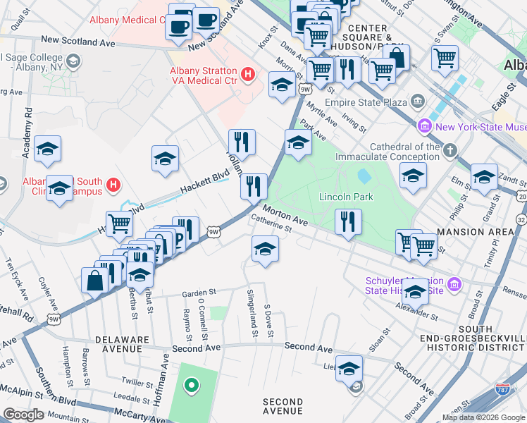 map of restaurants, bars, coffee shops, grocery stores, and more near 176 Delaware Avenue in Albany