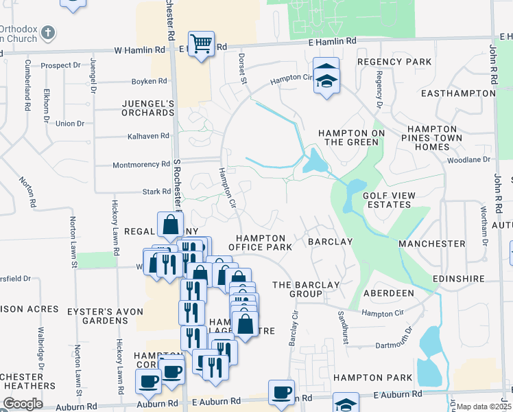 map of restaurants, bars, coffee shops, grocery stores, and more near 250 Hampton Circle in Rochester Hills