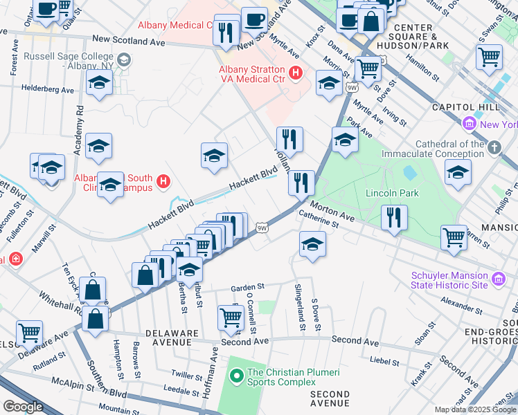 map of restaurants, bars, coffee shops, grocery stores, and more near 19 Crown Terrace in Albany