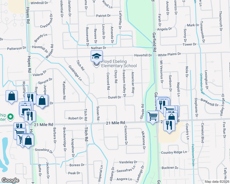 map of restaurants, bars, coffee shops, grocery stores, and more near 47343 Chrys Road in Macomb