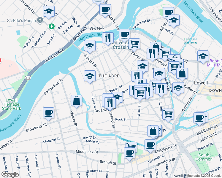 map of restaurants, bars, coffee shops, grocery stores, and more near 157 Mount Vernon Street in Lowell
