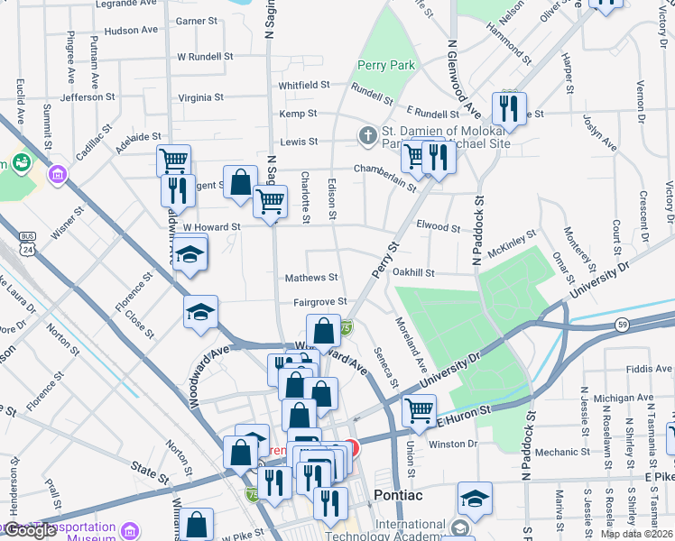 map of restaurants, bars, coffee shops, grocery stores, and more near 63 Mathews Street in Pontiac
