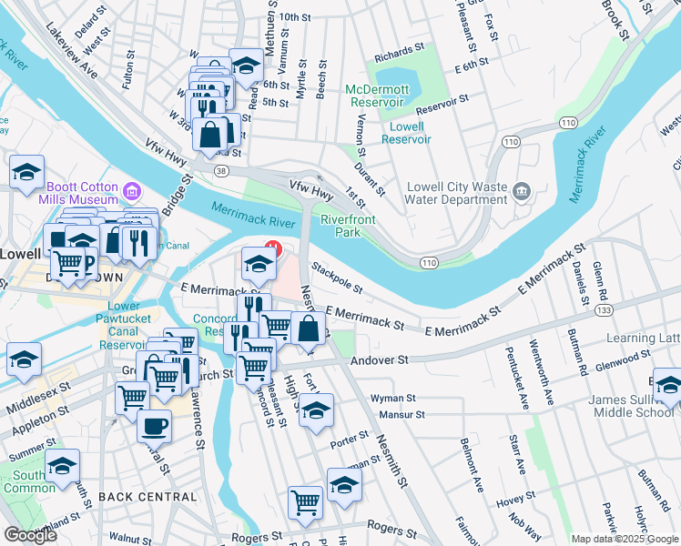 map of restaurants, bars, coffee shops, grocery stores, and more near 215 Stackpole Street in Lowell