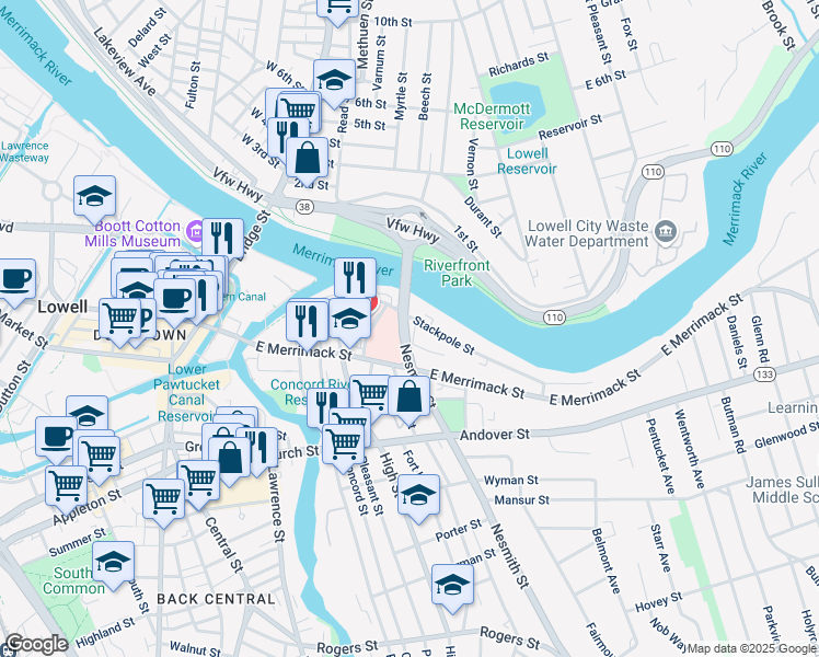 map of restaurants, bars, coffee shops, grocery stores, and more near 59 Bartlett Street in Lowell