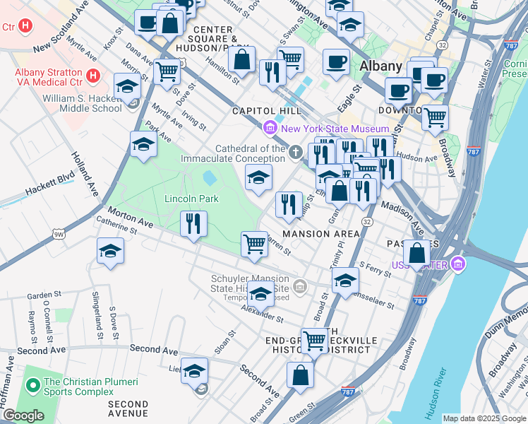 map of restaurants, bars, coffee shops, grocery stores, and more near Eagle Street & Park Avenue in Albany