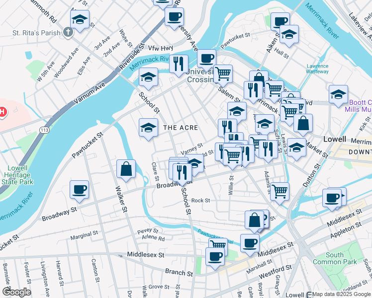 map of restaurants, bars, coffee shops, grocery stores, and more near 157 Mount Vernon Street in Lowell
