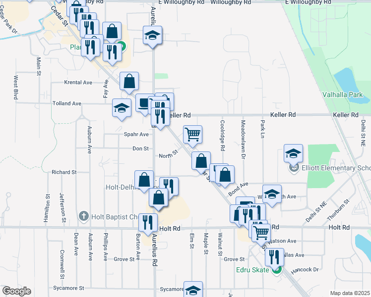 map of restaurants, bars, coffee shops, grocery stores, and more near 2168 North Cedar Street in Delhi charter Township